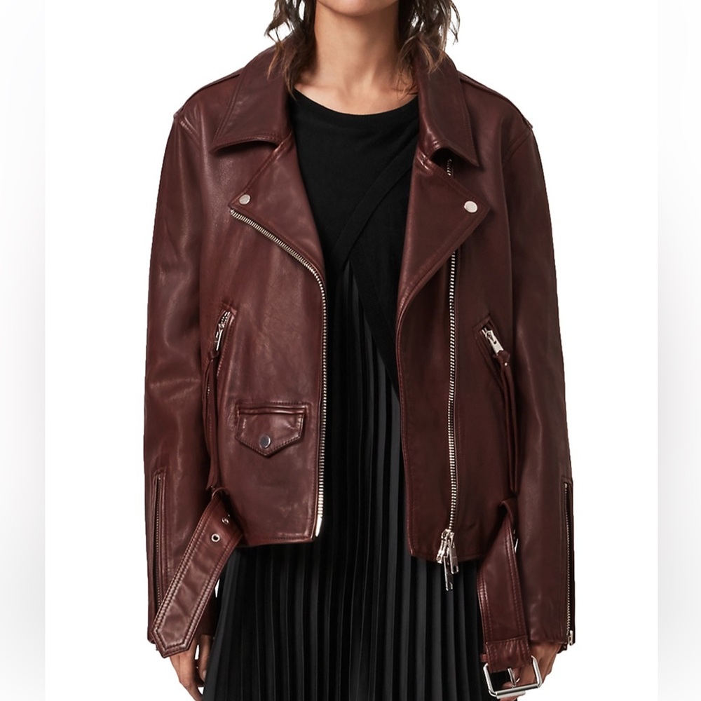 AllSaints Luna Leather Biker Jacket in Oxblood Brown, Size S